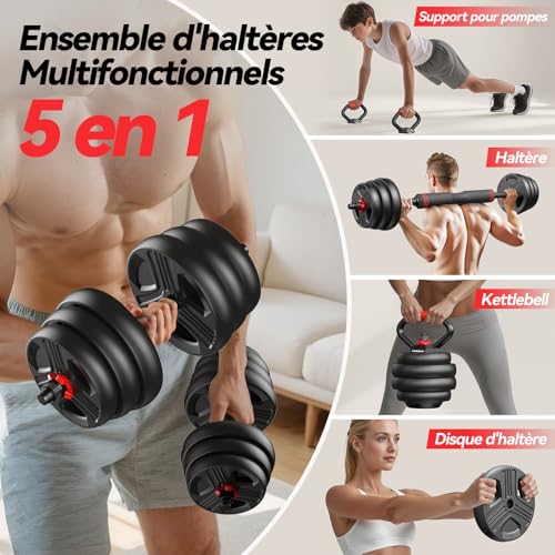 Detalle 2 de FEIERDUN kit d’haltères 5-en-1 réglable, haltères, barre et kettlebell