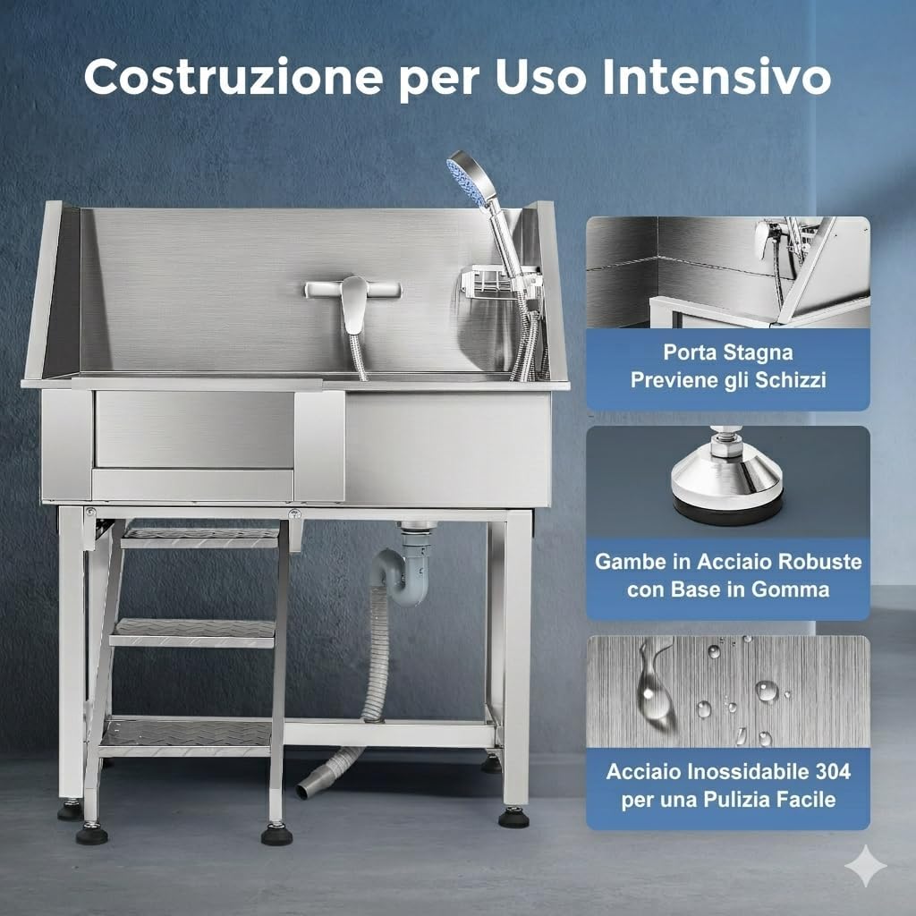 Thumbnail 4 de CO-Z Vasca da Bagno per Cani da 86 cm in Acciaio Inossidabile – Toelettatura Professionale con Scale, Rubinetto e Soffione