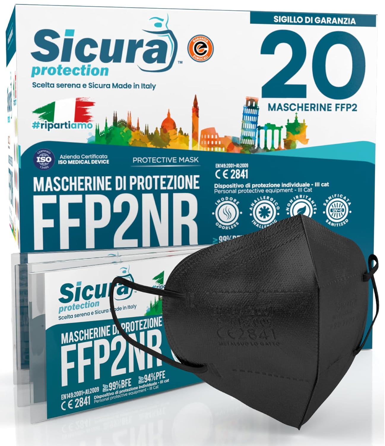 20 Mascherine FFP2 CE certificate SICURA Protection, nere, Made in Italy (BFE ≥99%)