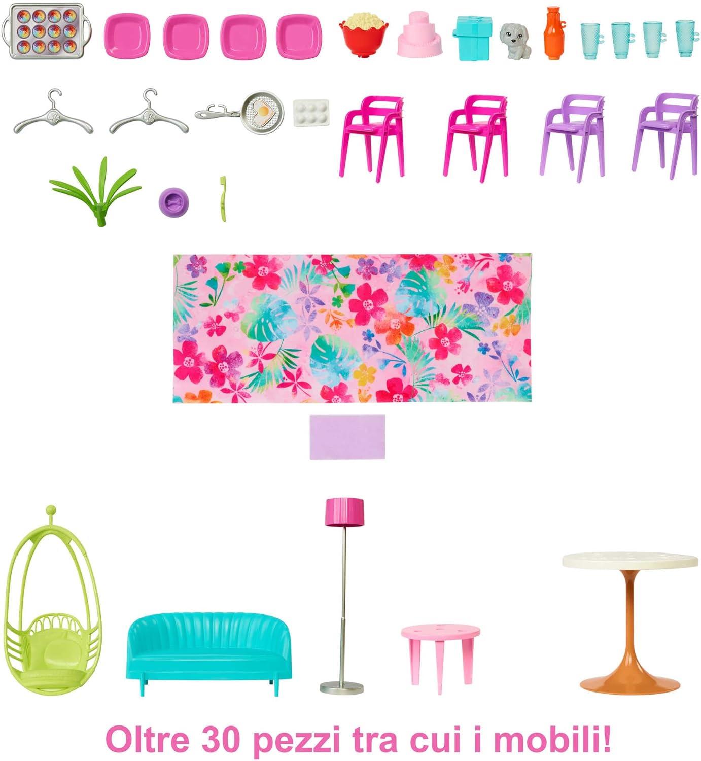 Detalle de Barbie Casa di Malibu (106 cm) playset con 2 piani, 6 stanze, più di 30 pezzi, ascensore e altalena HCD50