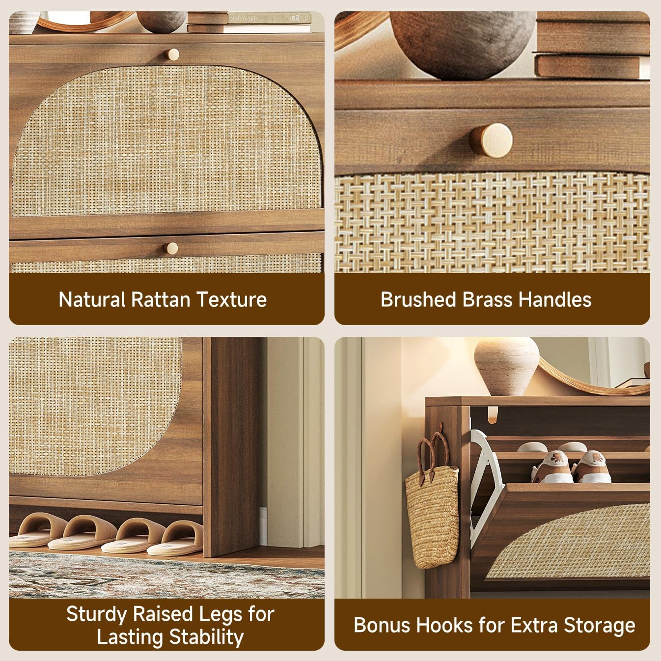 Detalle 1 de Nicetree 2-280CH Rattan Shoe Cabinet, 9.5" Slim, 2 Flip Drawers