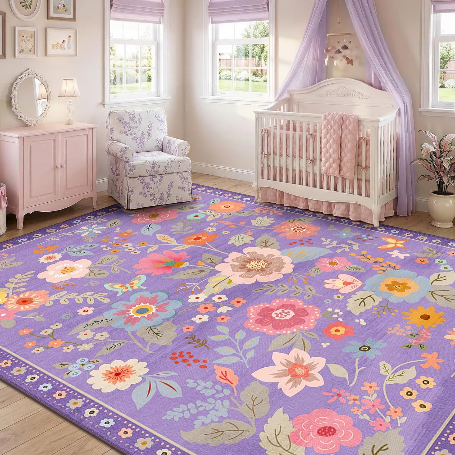 Detalle de RELEANY d-greenfield 9x12 Floral Area Rug, Washable Polyester, Purple