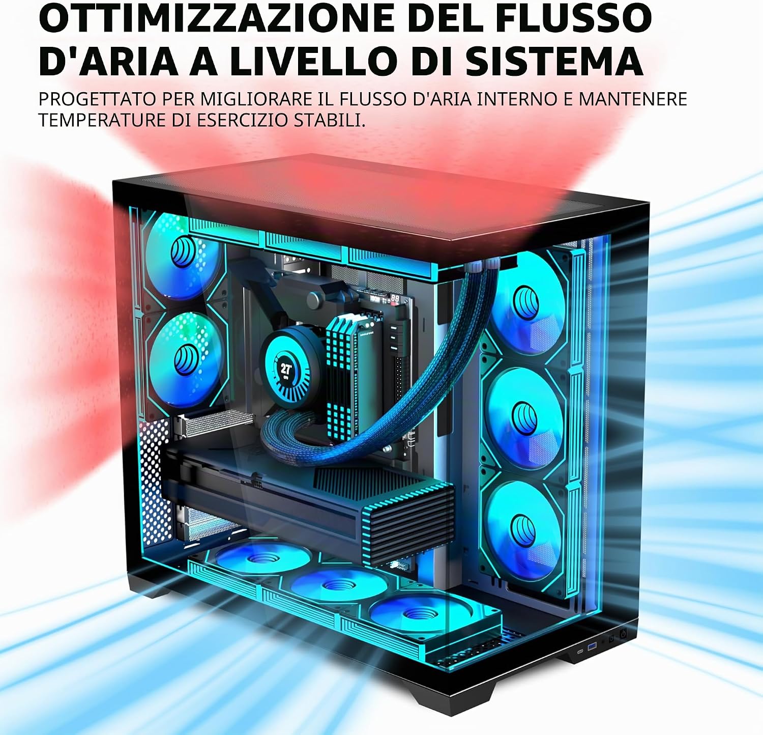 Detalle de ANSAITE Case PC ATX con 9 ventole PWM ARGB preinstallate – Mid-Tower con vetro temperato e supporto radiatore 360 mm