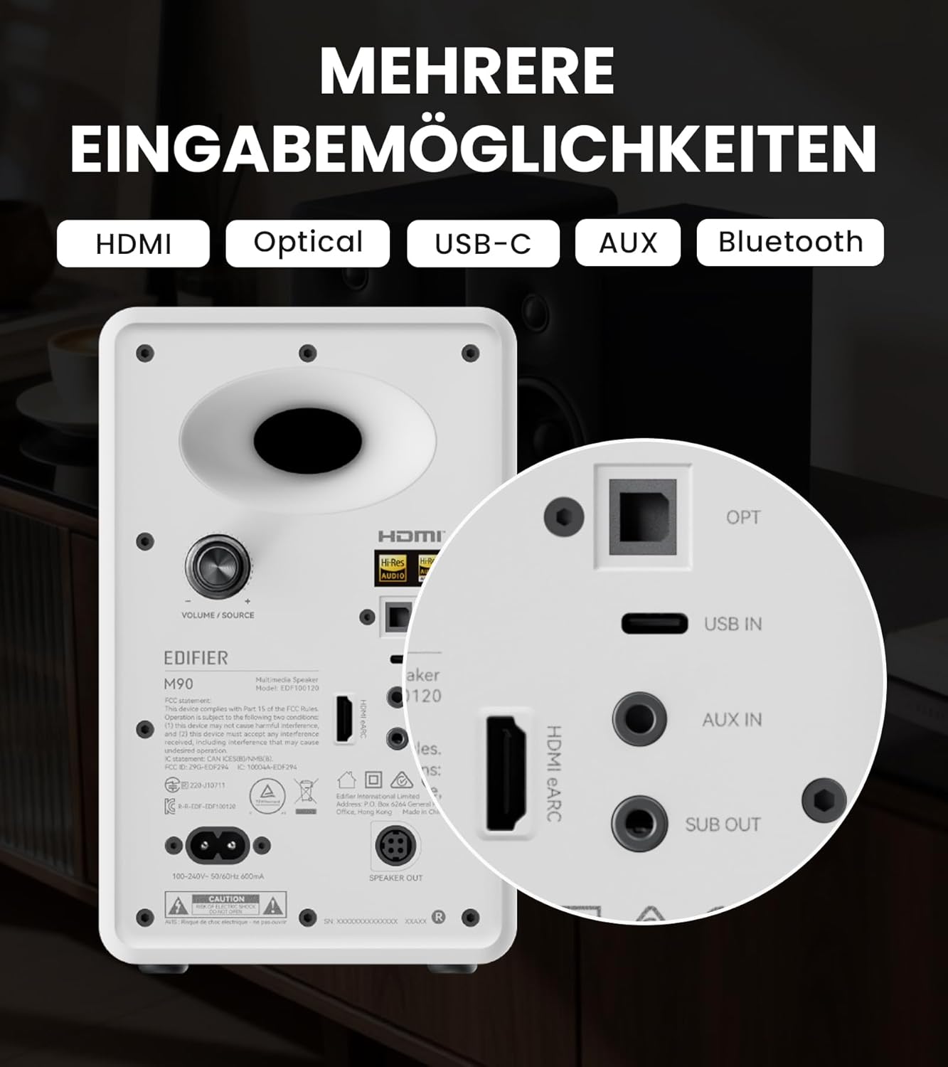 Thumbnail 5 de Edifier M90 Regal-Lautsprecher – 100 W RMS, Hi-Res, Bluetooth 6.0, HDMI eARC/Optisch/USB-C/AUX