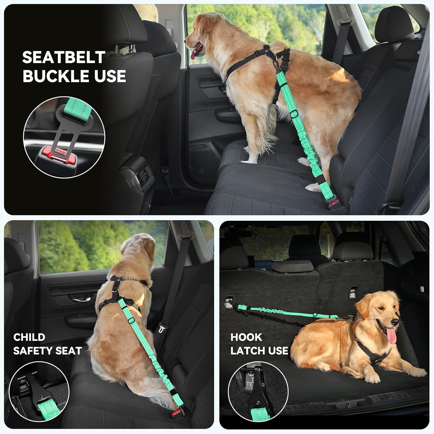 Detalle de Pawaboo Dog Seat Belt Harness for Car (L, Light Blue + Black) – Dual Clips, Elastic Bungee, Adjustable Car Harness