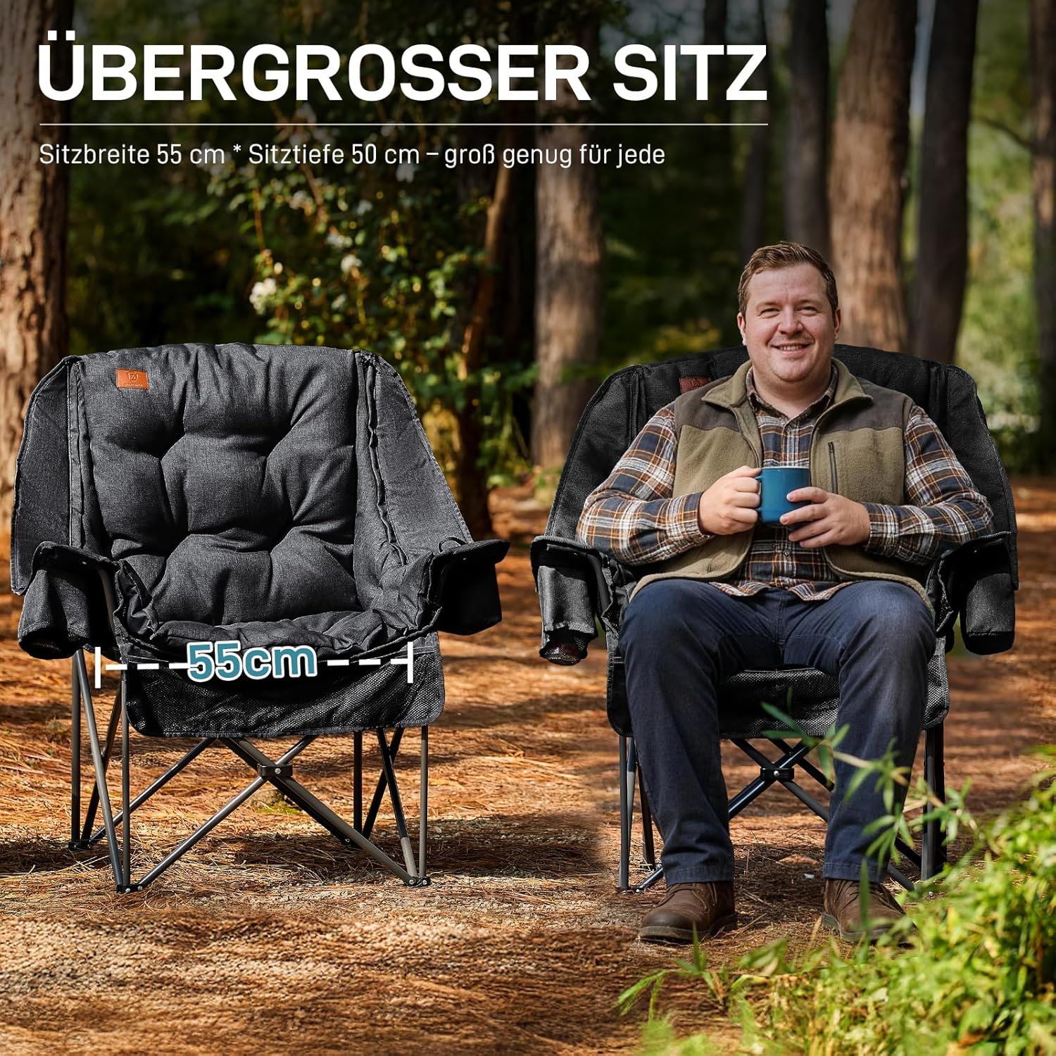 Thumbnail 2 de EVER ADVANCED 2-in-1 Campingstuhl Faltbar – Stabiler Klappstuhl mit abnehmbarer Polsterung, 180 kg Belastbarkeit, Kühltasche & Getränkehalter