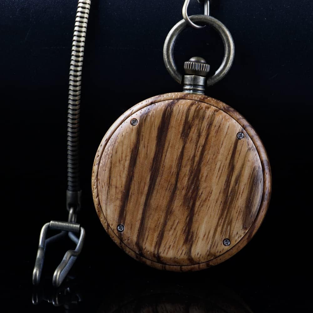 Detalle de Tiong Men's Vintage Bamboo Wood Pocket Watch with Chain – Handmade Retro Quartz