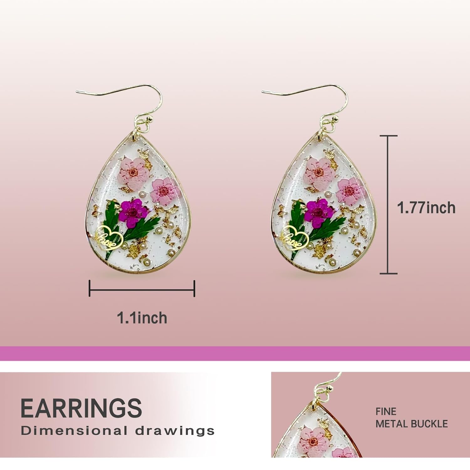 Detalle 2 de Pressed Flower Earrings for Women – Resin Drop Dangle with Real Preserved Flowers