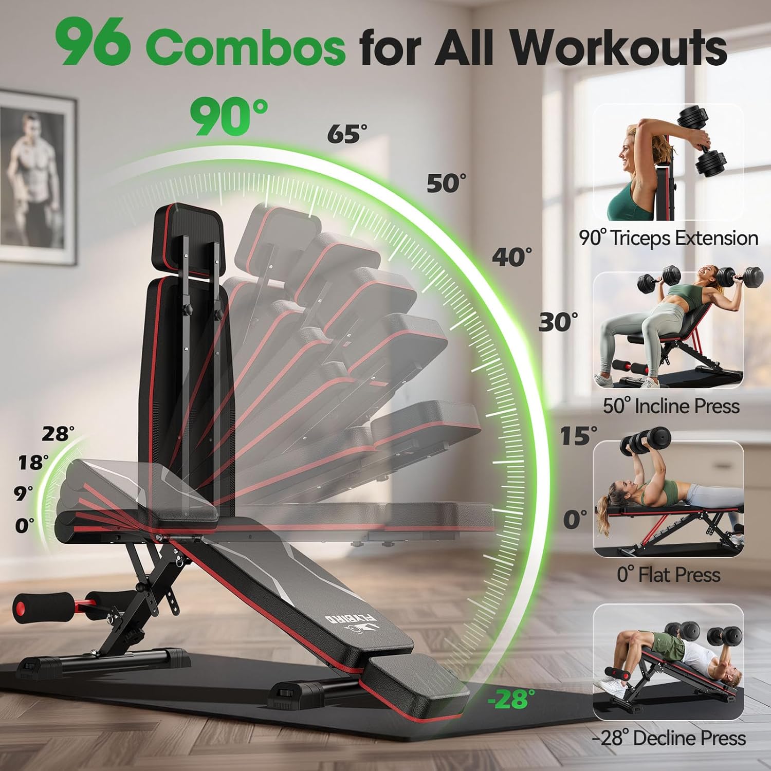 Detalle 2 de FLYBIRD XL Adjustable Weight Bench, 750 lb Capacity, Foldable with Extended Headrest