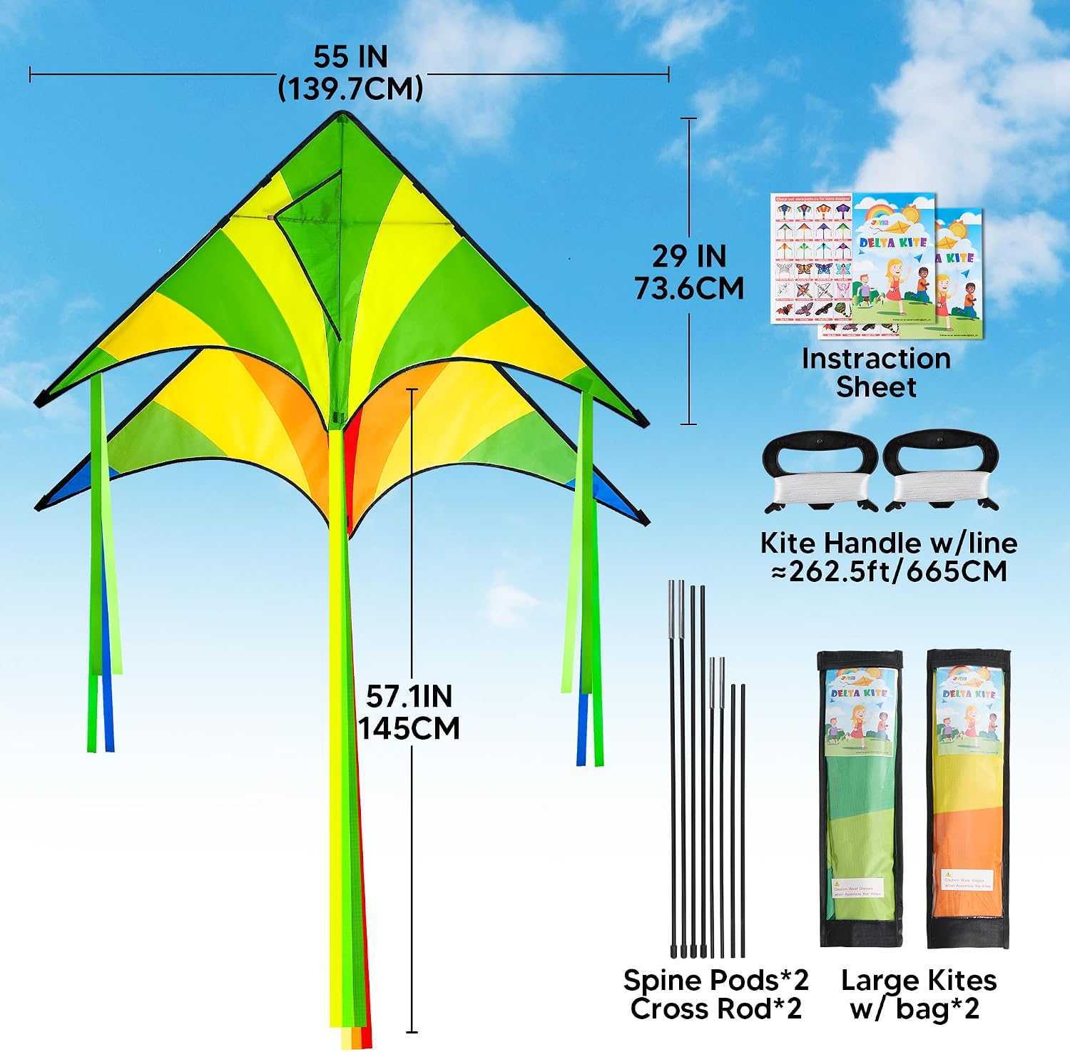 Thumbnail 6 de JOYIN 2 Packs Large Delta Kites – Green and Multicolor, Easy to Fly for Kids and Adults