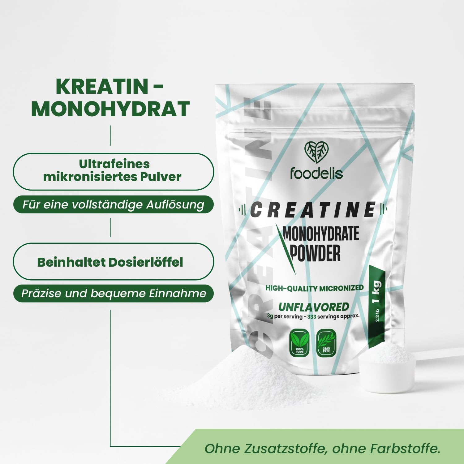 Detalle de Creatin Pulver 1 kg – 100% Kreatin Monohydrat, mikronisiert, geschmacklos – mit Dosierlöffel