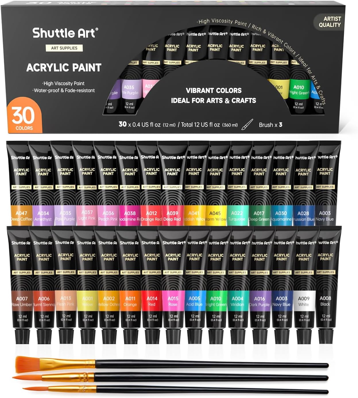 Detalle de Shuttle Art Acrylfarben Set – 30 wasserfeste Acrylfarben (12 ml) mit 3 Pinselsatz