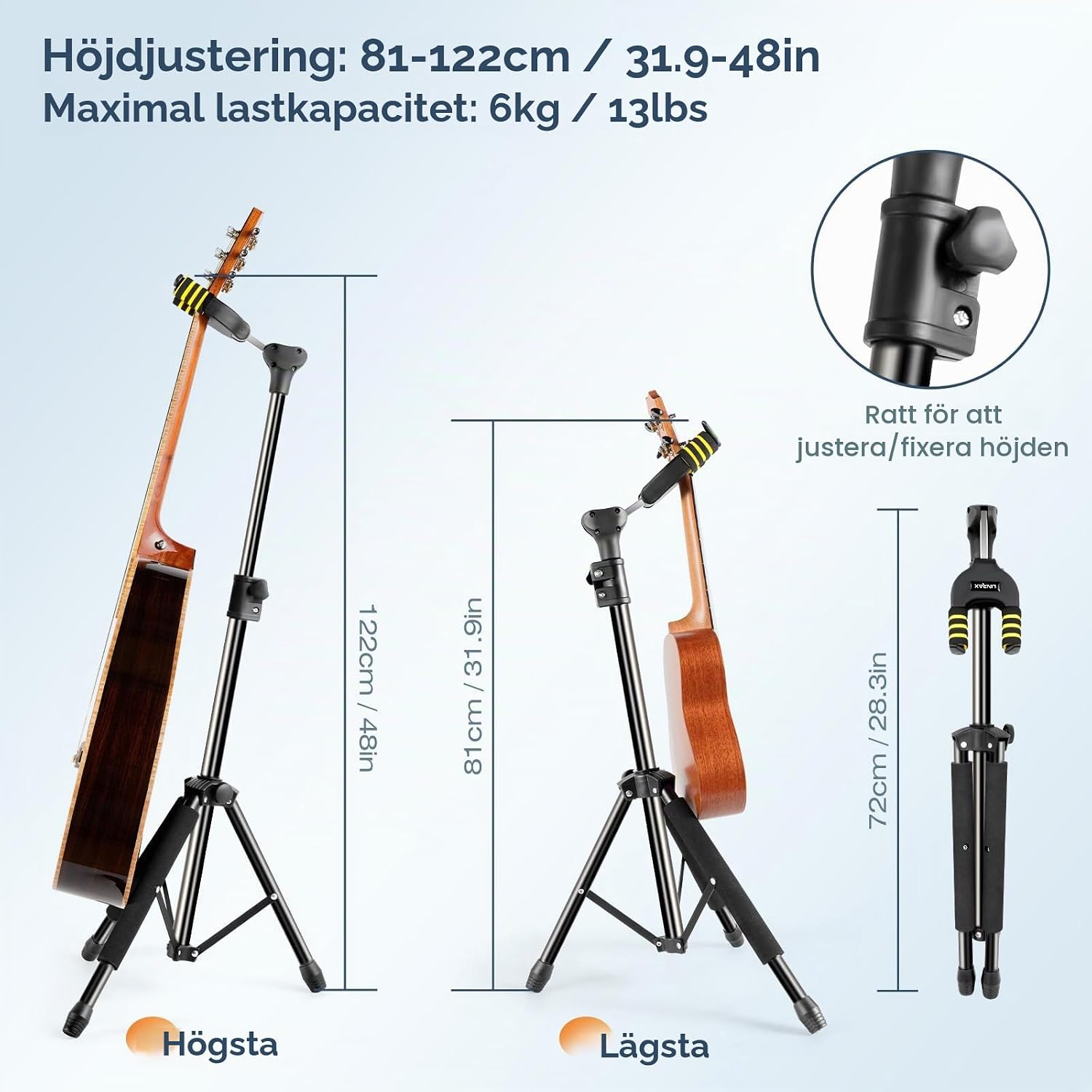 Detalle 2 de LINRAX LS1 hopfällbart gitarrställ med autolås och justerbar höjd
