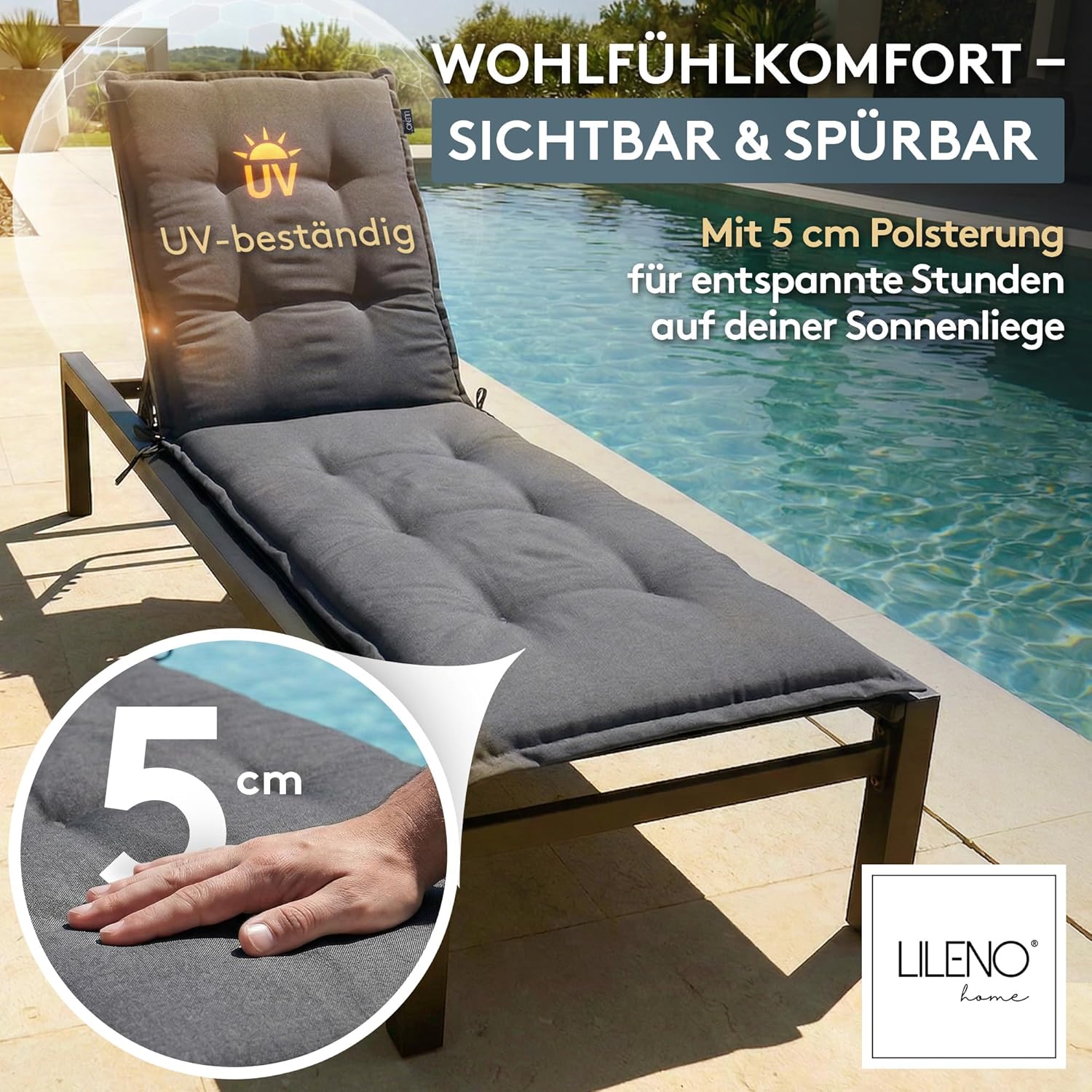 Thumbnail 1 de LILENO HOME Sonnenliege Auflage im 1-Set (Rollliege) – Uni Anthrazit, UV-geschützt