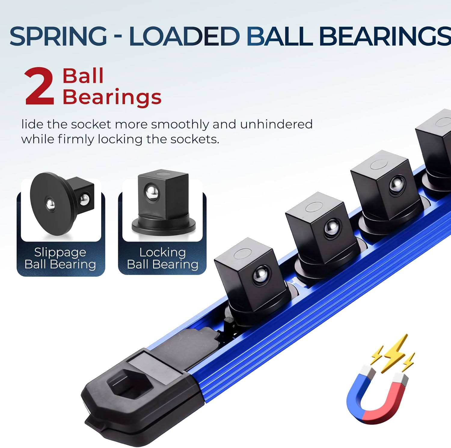 Thumbnail 2 de Reniteco Magnetic Socket Organizer (3/8" Drive) Aluminum Alloy Rail with 14PC 360° Swivel Clips, Blue