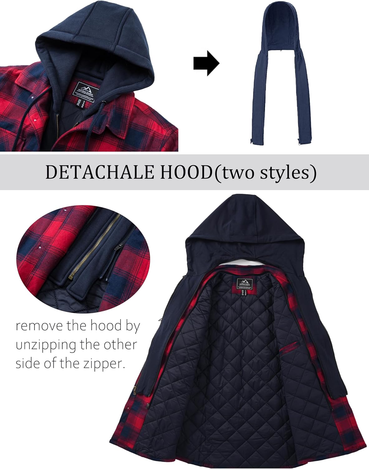 Detalle 2 de TACVASEN Men's Quilted Flannel Shacket with Removable Hood, Plaid
