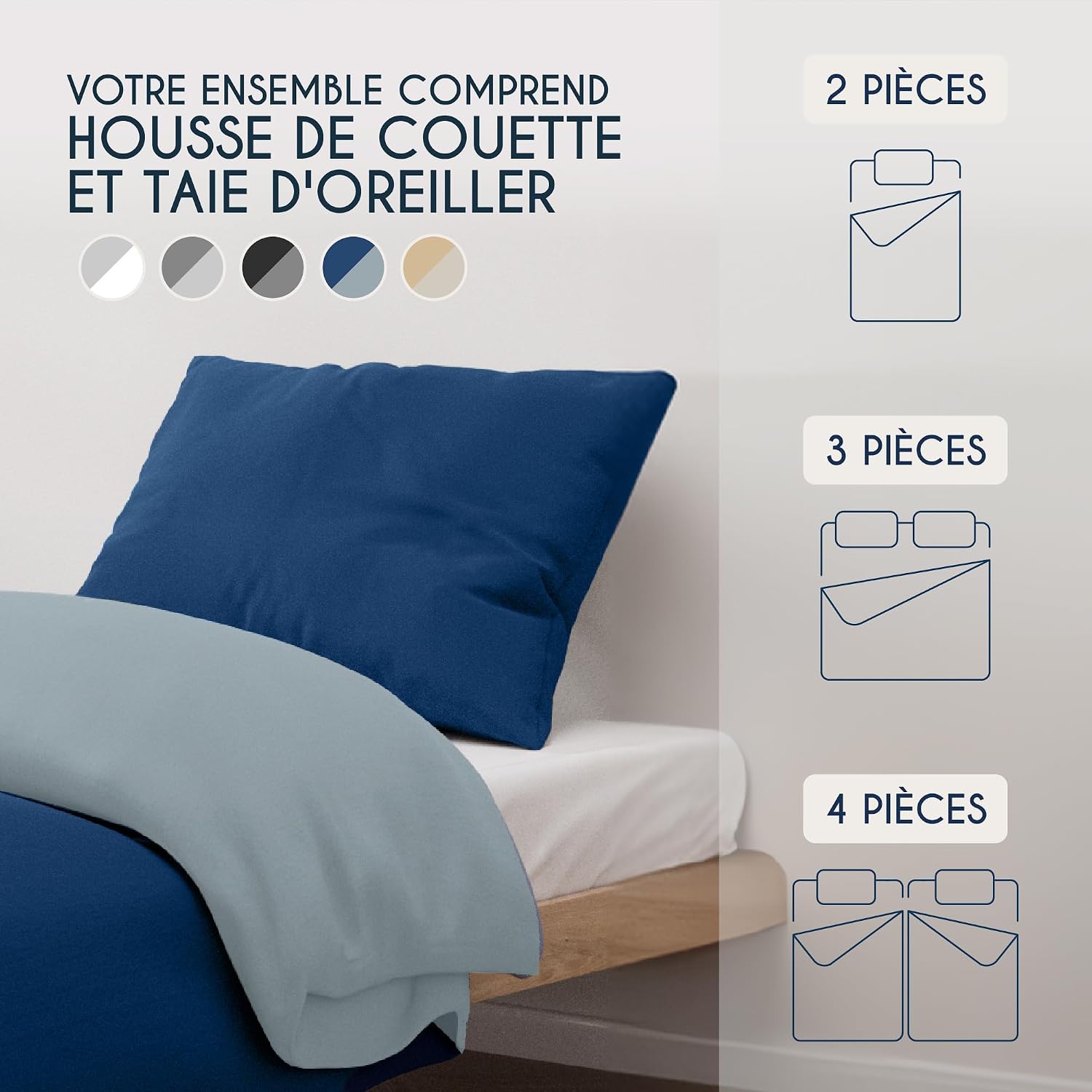 Thumbnail 5 de Dreamzie Housse de Couette 140x200 cm avec Taie Oreiller 65x65 cm – Bleu Foncé/Bleu Gris, Microfibre 100% brossée, Oeko-Tex