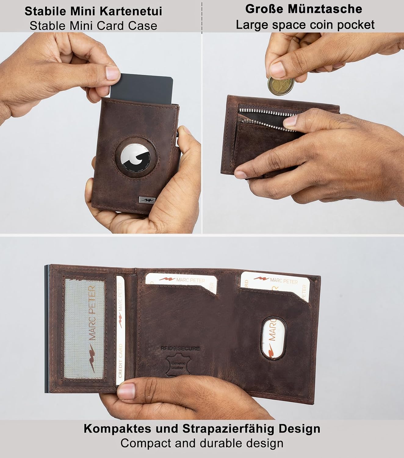 Thumbnail 2 de Marc Peter Chicago Vintage Braun Leder Push AirTag-Geldbörse mit Münzfach (RFID-Schutz), kleines Mini-Portemonnaie