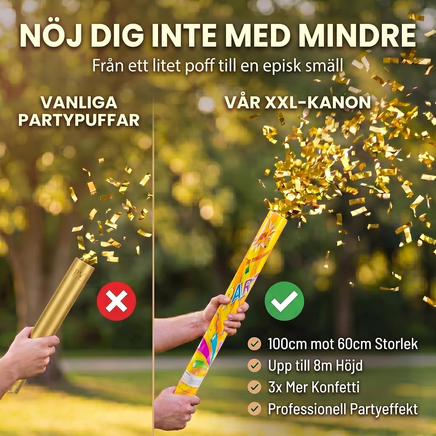 Detalle de GOODS+GADGETS konfettikanoner, 5-pack i guld, 60 cm med metallisk konfetti