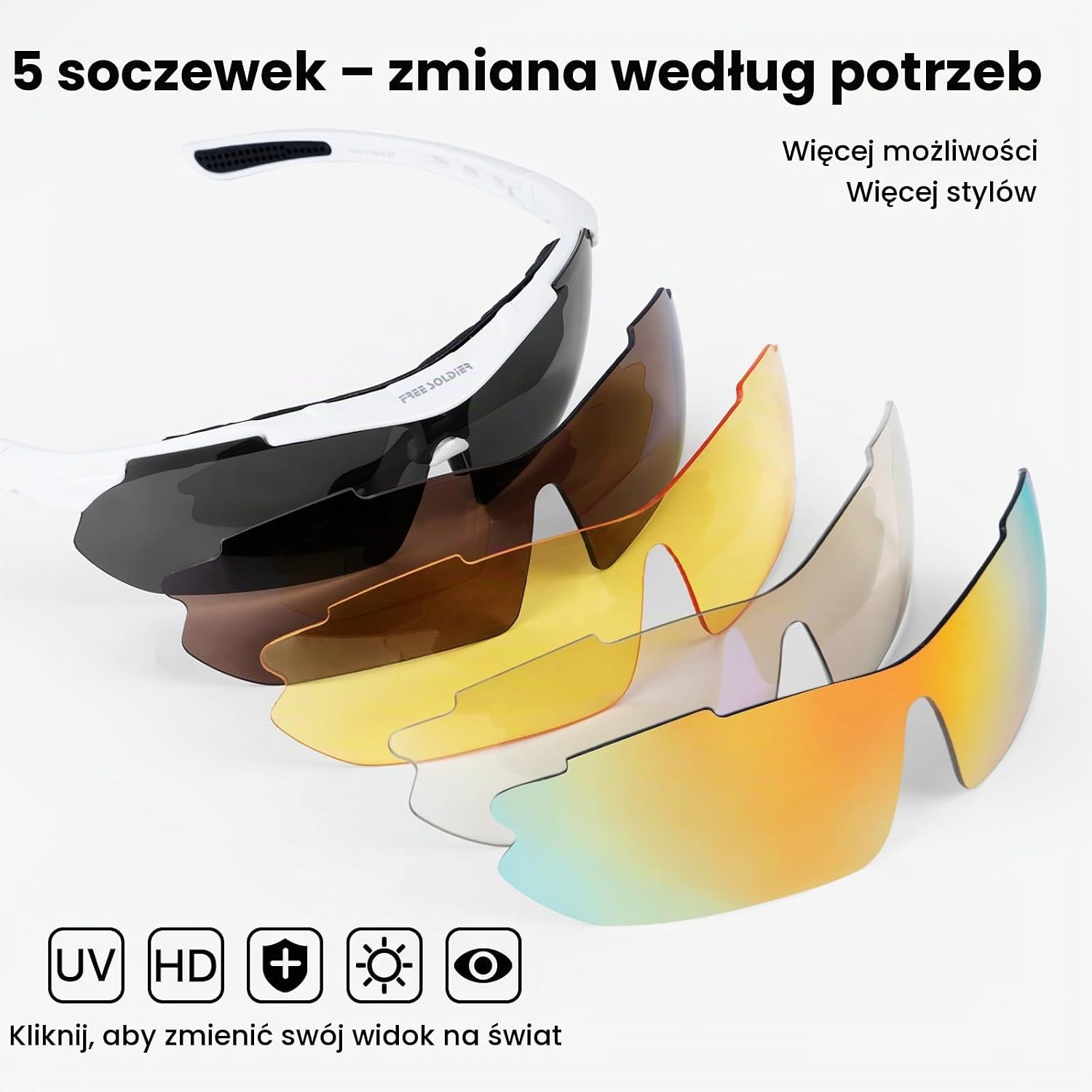 Detalle de FREE SOLDIER 0089 – okulary kolarskie z 5 wymiennymi soczewkami UV400