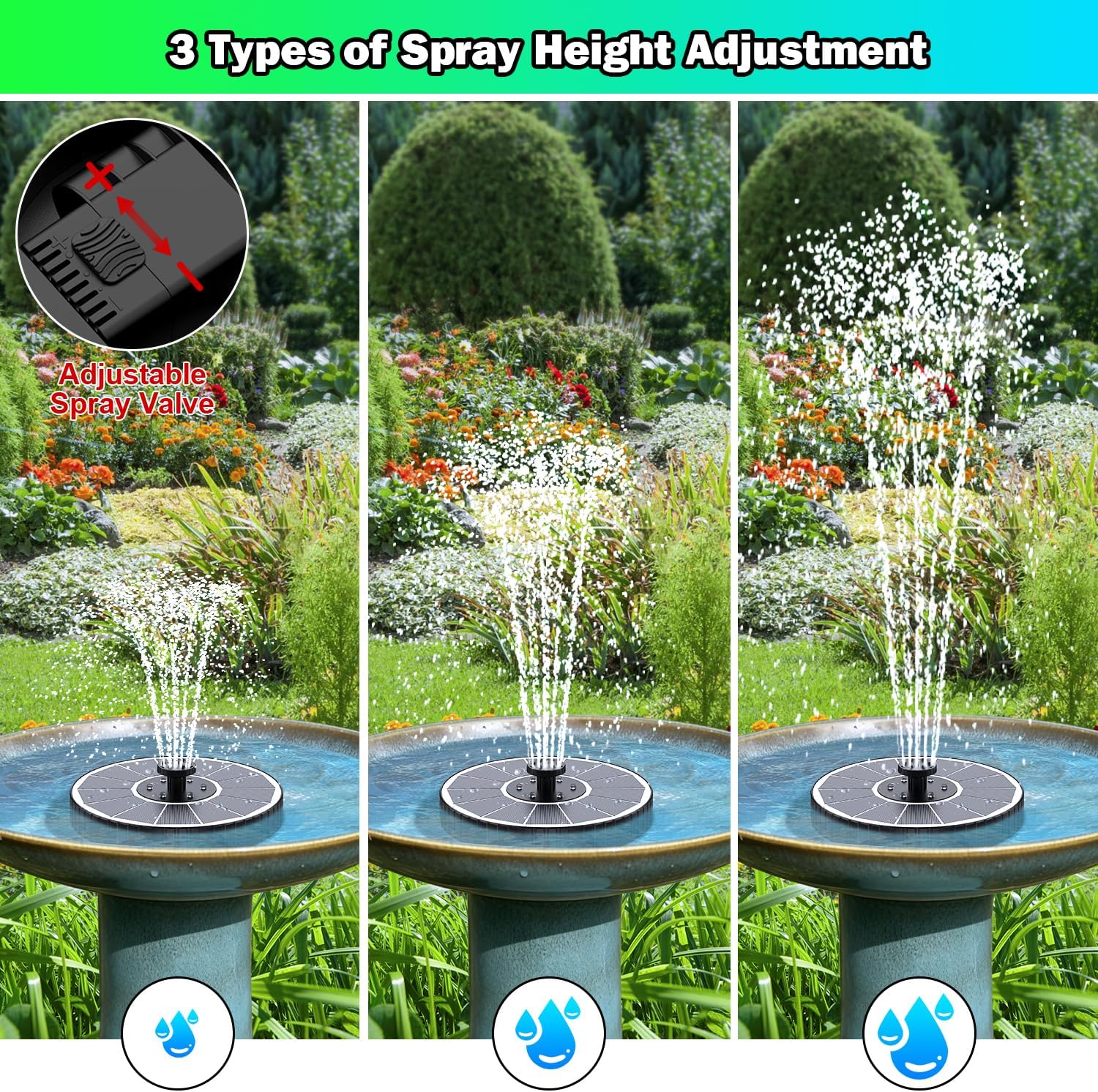 Thumbnail 4 de SZMP Solar Fountain Colorful LED with 3-Level Height Adjustment and 7 Nozzles