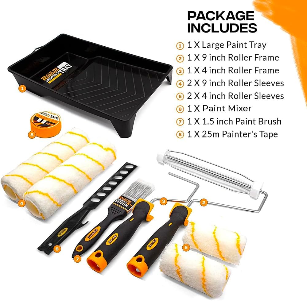 Detalle de Raulde Paint Roller Set of 10 with tray, mini & large roller covers, brush, tape and mixers