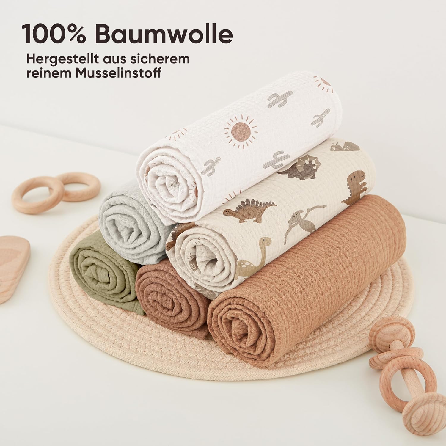 Detalle de Bearmoss Langes Coton BéBé – Lot de 6 lingettes en mousseline 60x60 cm, absorbantes et respirantes