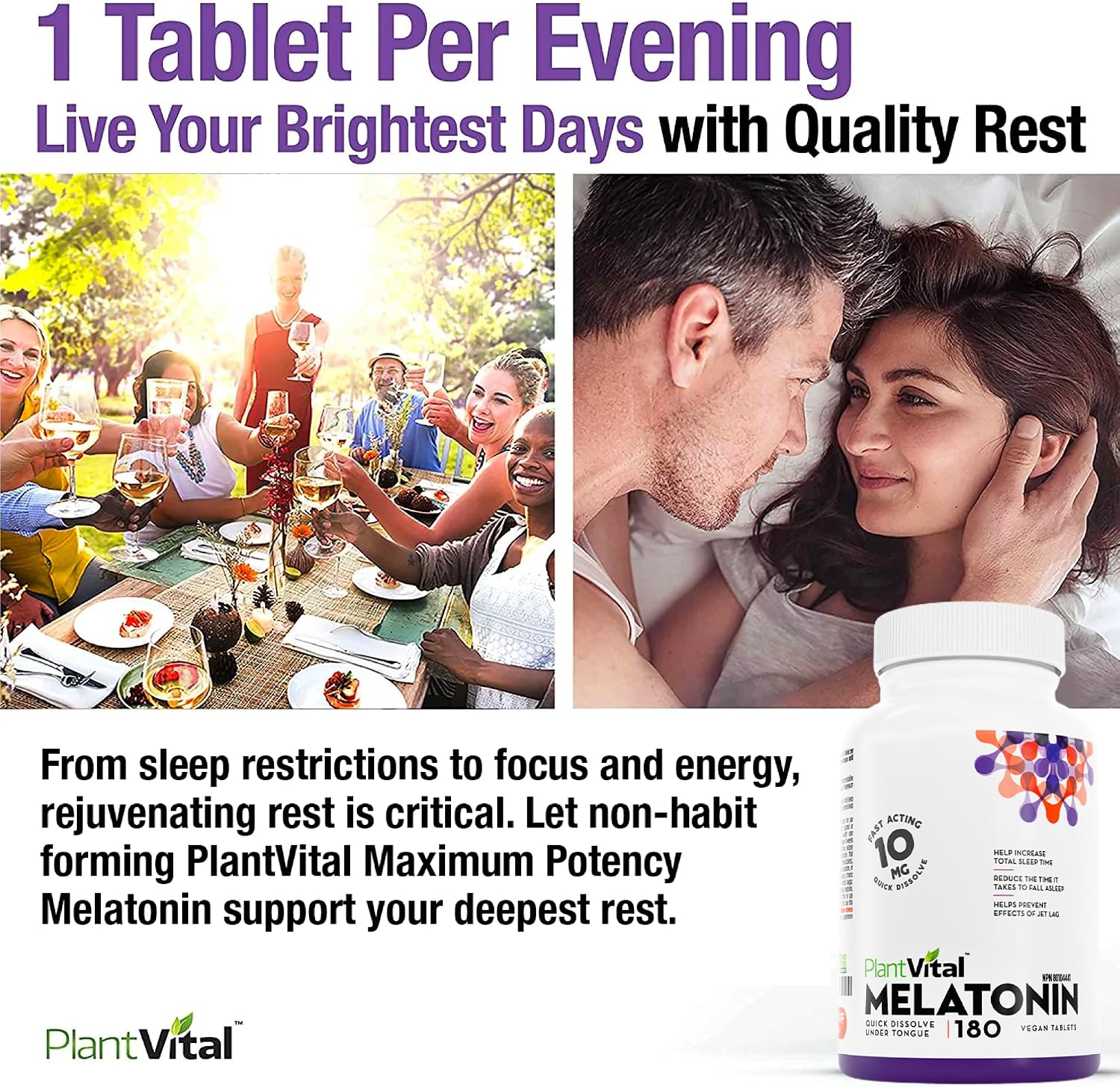 Detalle 2 de PlantVital Melatonin 10 mg Sublingual Tablets, Vegan, 180 Count