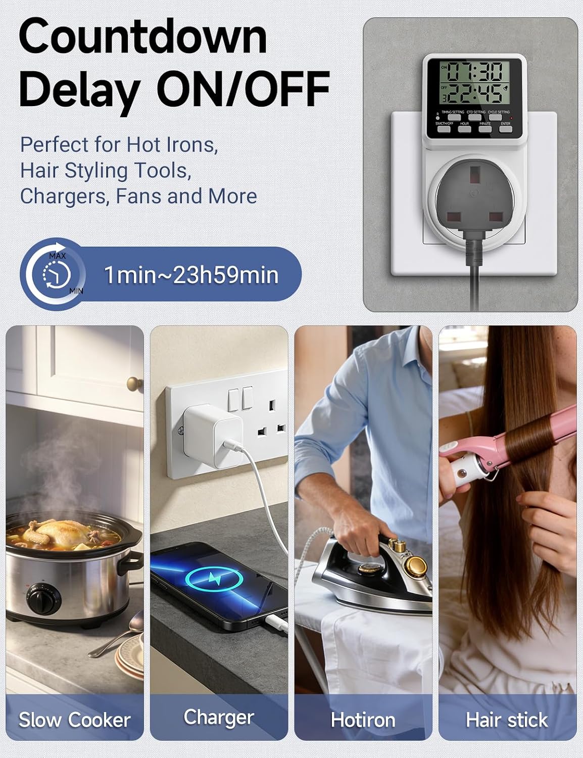 Detalle 1 de ORIDGET 24 Hour Digital Electric Timer Plug Socket (13A / 240V) with Countdown & Repeat Cycle