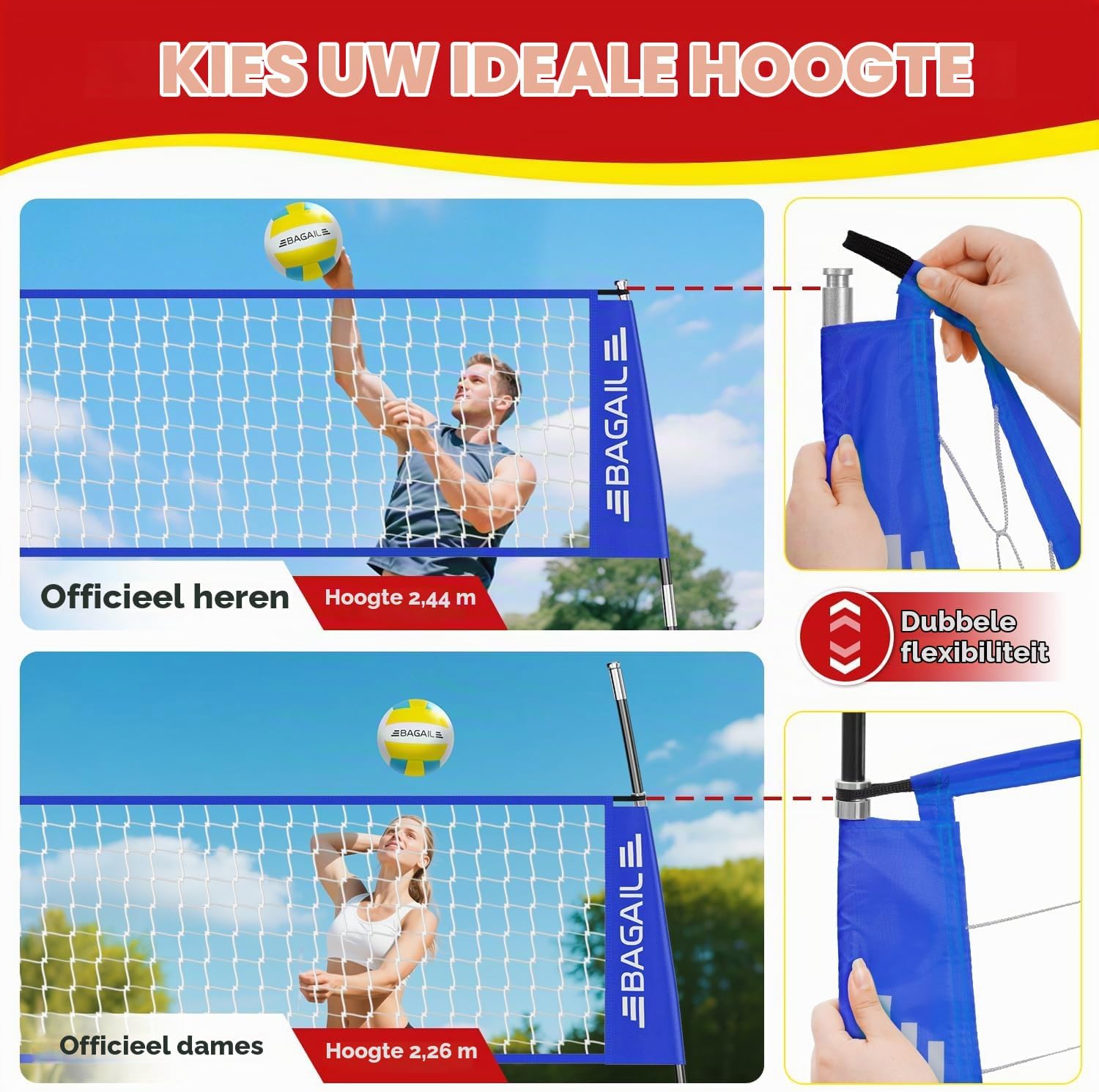 Detalle 2 de BAGAIL VN01-Blue volleybalnet, 3,6 m, verstelbaar en vrijstaand