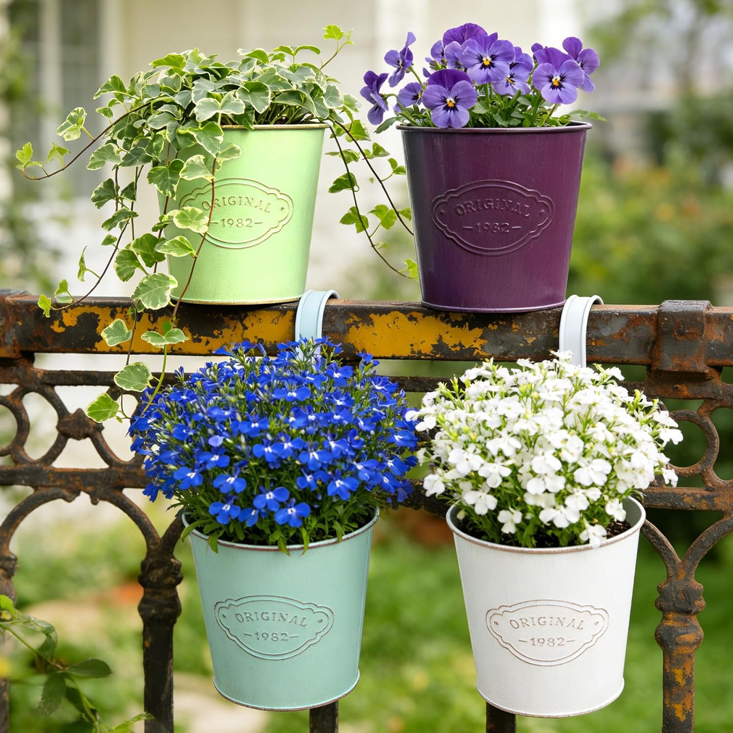 Detalle de CITÉTOILE 4er Set Hängender Blumentopf – Vintage-Style, verzinktes Metall, mit abnehmbarem Haken