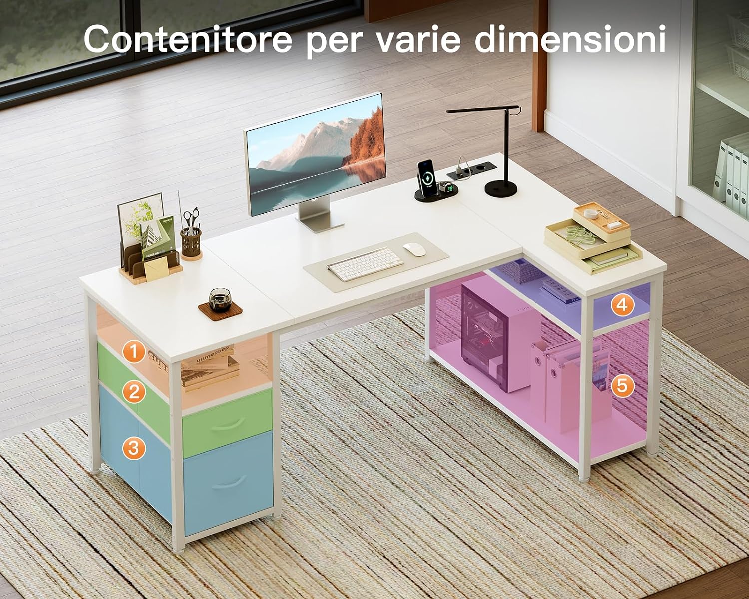 Detalle de Coleshome Scrivania Angolare con Cassetti 140 x 80 cm – Bianco