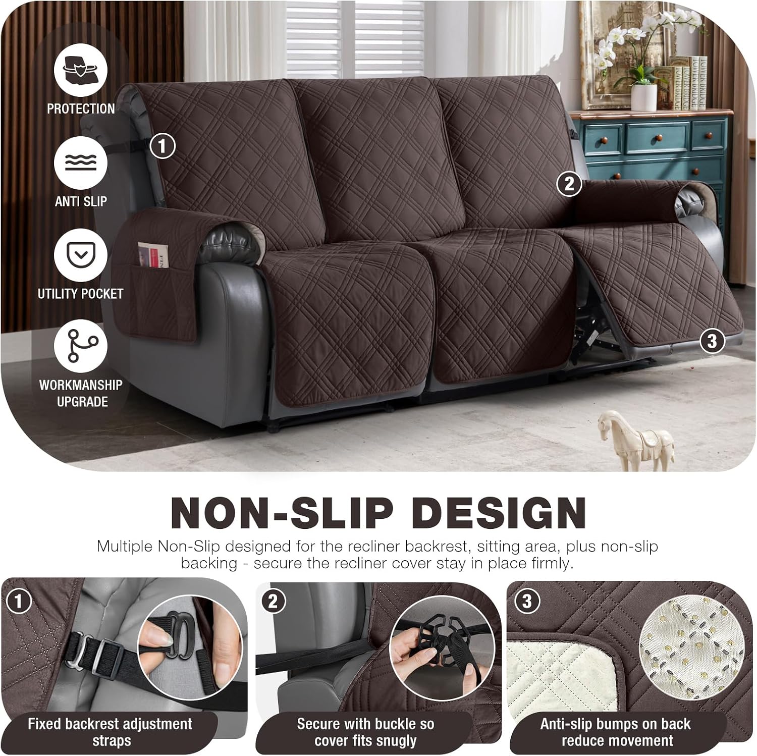 Thumbnail 3 de TAOCOCO 100% Waterproof Recliner Sofa Cover (3-Piece) for 3-Seat Reclining Couches, Chocolate