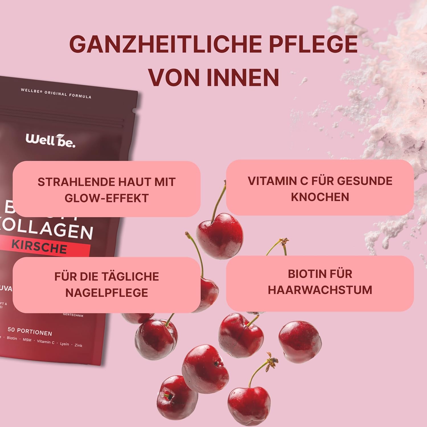 Thumbnail 1 de Wellbe Kollagen Pulver Kirsch – Hochdosierte Kollagen-Peptide mit Hyaluron, Biotin, Zink und Vitamin C (250 g) Made in Germany