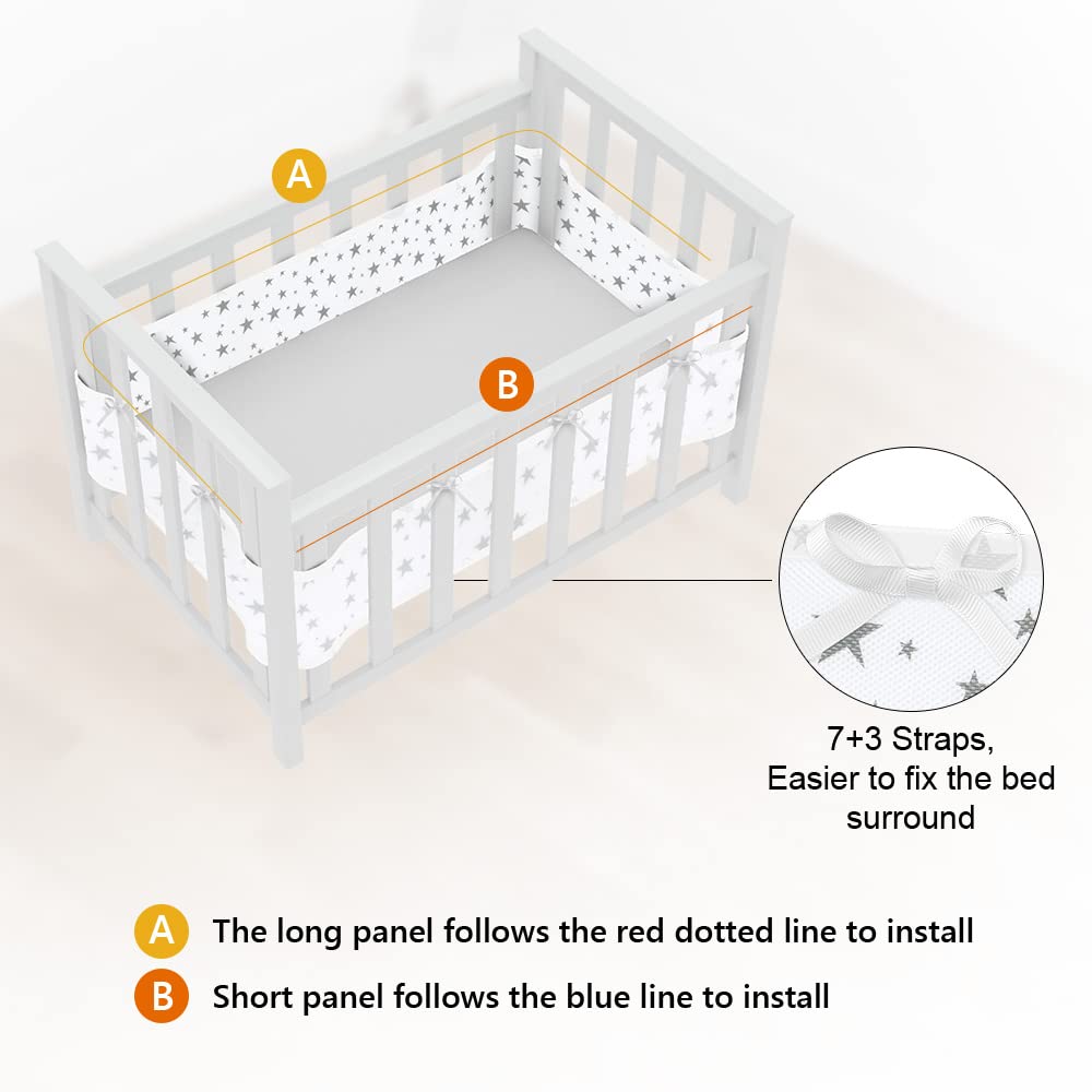 Detalle de Aolso Bettumrandung Babybett – 2er Set Nestchen mit Kantenschutz, atmungsaktiv, abnehmbar (340 cm x 30 cm + 160 cm x 30 cm)