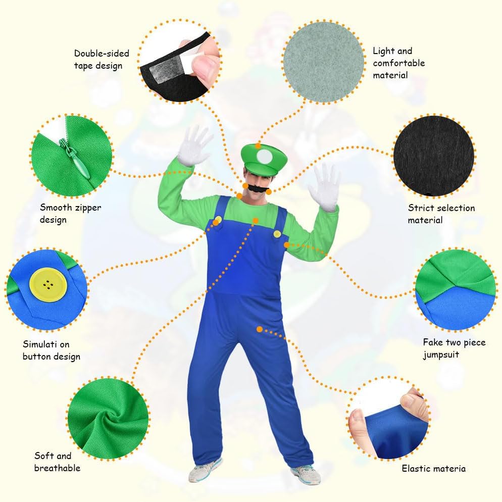 Thumbnail 2 de Aomig Cosplay Kostüm-Set „Luigi Bros“ (4-teilig) mit Mütze, Hose und Zubehör – für Karneval & Fasching