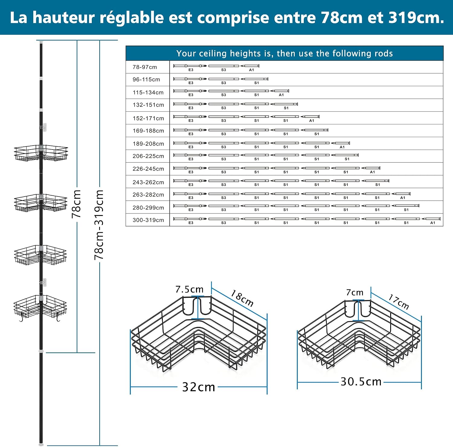 Thumbnail 6 de FIISAYL étagère de douche télescopique sans perçage en acier inoxydable (4 plateaux) réglable 85–325 cm – Noir