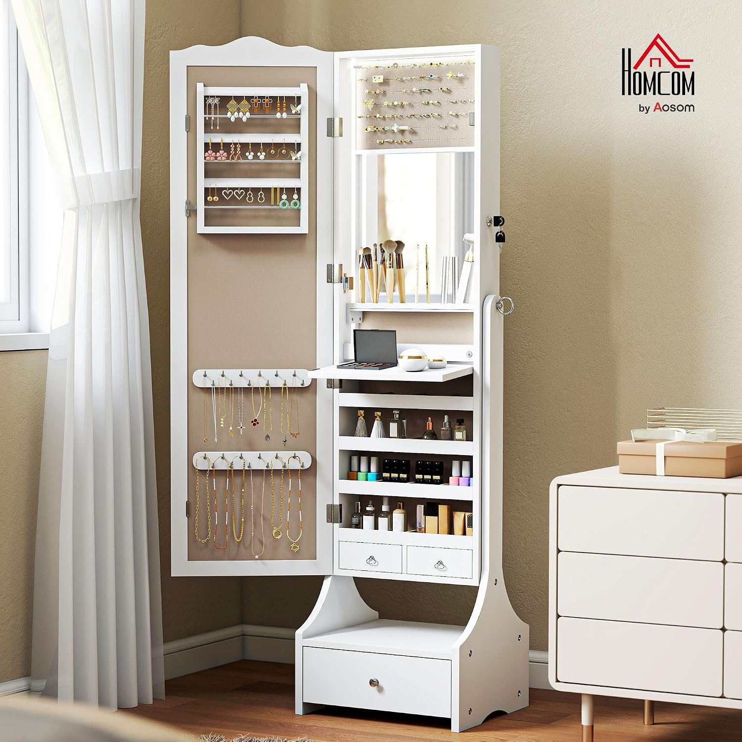 Detalle de HOMCOM Espejo Joyero con Luces LED, Cajones y Cerradura Blanc/Beige