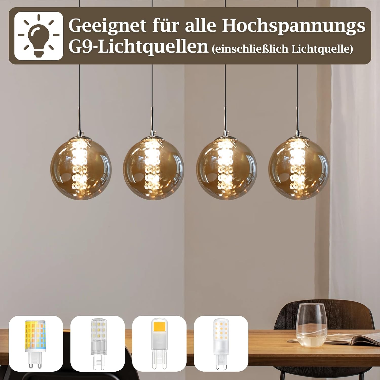 Detalle 2 de CBJKTX Pendelleuchte Esstisch – 4-flammig, höhenverstellbar, Bernstein-Glaskugeln