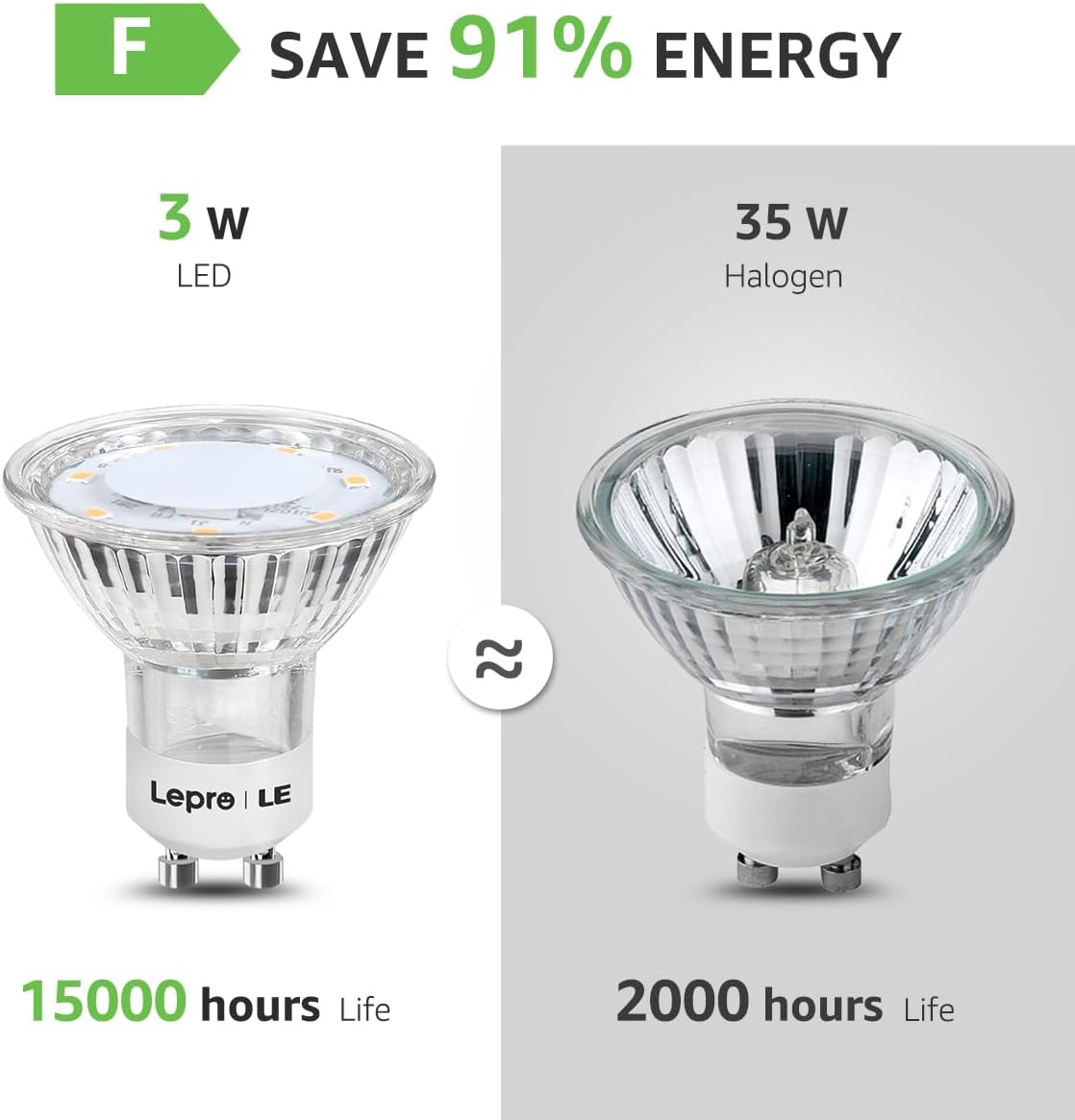 Thumbnail 4 de Lepro GU10 LED Bulbs (Warm White 2700K) – 3W 35W Halogen Equivalent, 250lm, 100° Beam Angle, Non‑Dimmable (Pack of 10)