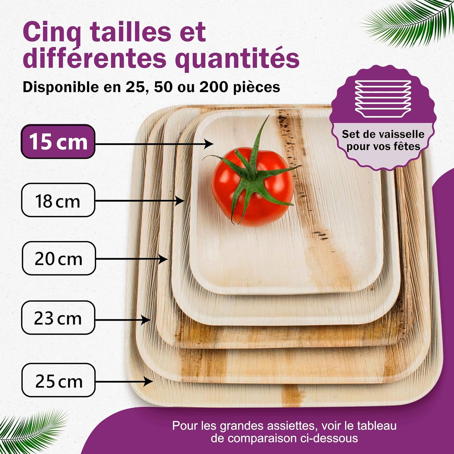 Detalle de Waipur 9120105130059 palmbladbordjes, 25 stuks, vierkant 15 x 15 cm