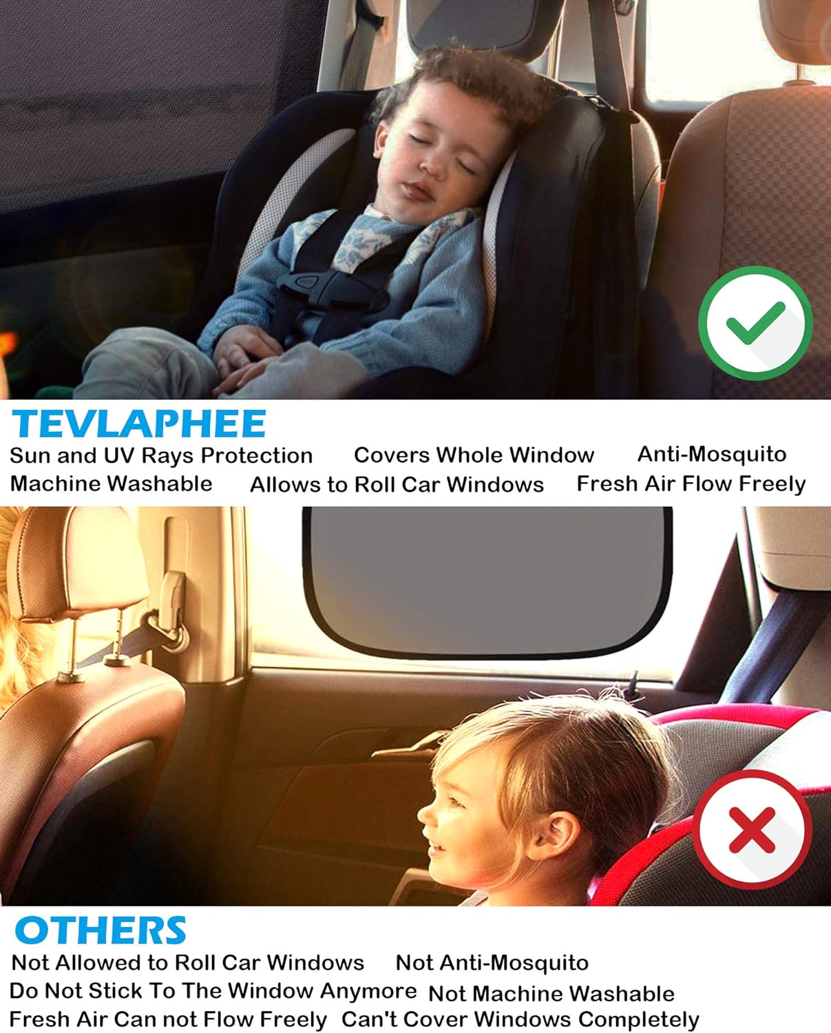 Detalle de Tevlaphee Tendine Parasole Auto Bambini XL – Parasole auto mesh per finestrini laterali, protezione UV e spazio personale