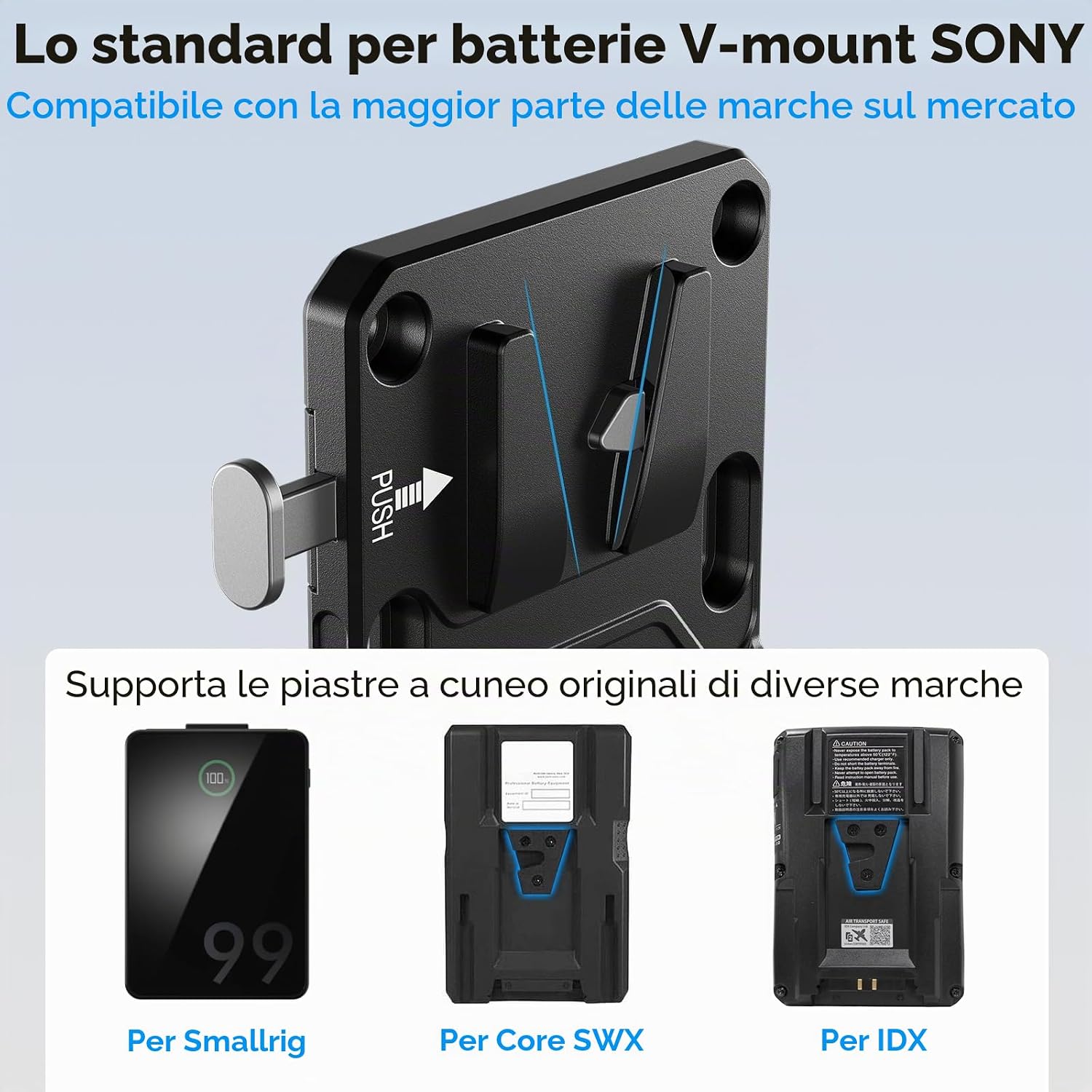 Detalle de SIRUI V Mount AM-VM01 Piastra Kit: Piastra Batteria Universale con attacco a V e doppio morsetto per asta 15 mm
