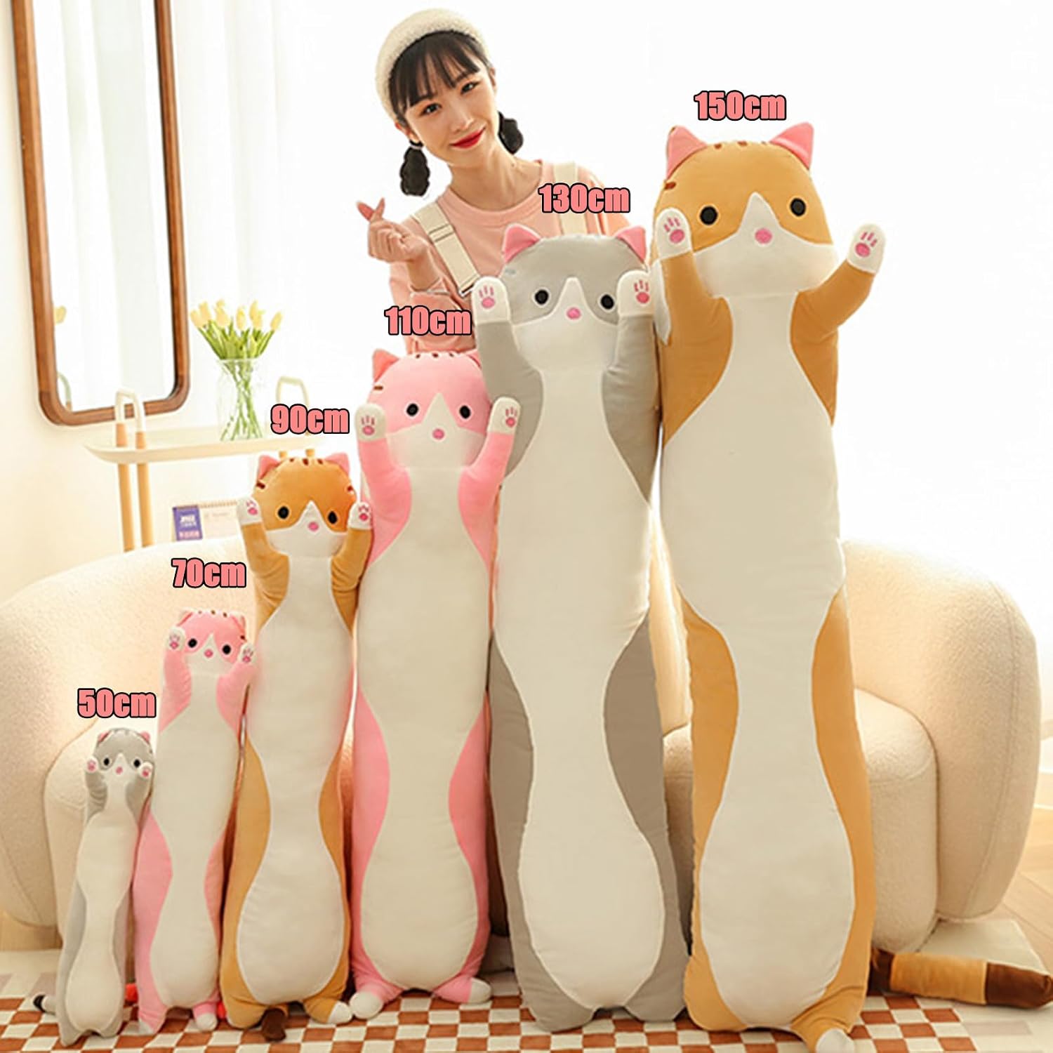 Thumbnail 6 de Aiuidun Lange Katze Kuscheltier 90 cm – weiches Plüsch-Kissen als Schlaf- und Umarmungskissen (Grau)