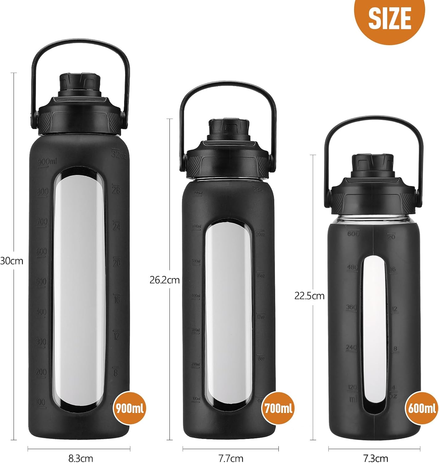 Thumbnail 4 de BLUEGO 700ml borosilicate glass water bottle with straw, 2 lids and silicone protector (black)