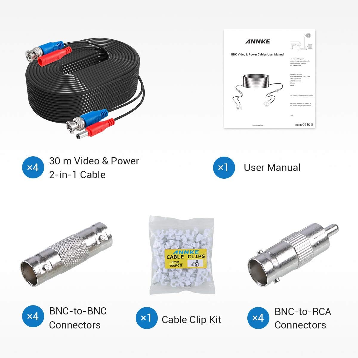 Detalle de SANNCE kit cavi video di sorveglianza 4 x 30m (100FT) HD multifunzione per DVR CCTV, BNC/RCA e alimentazione DC