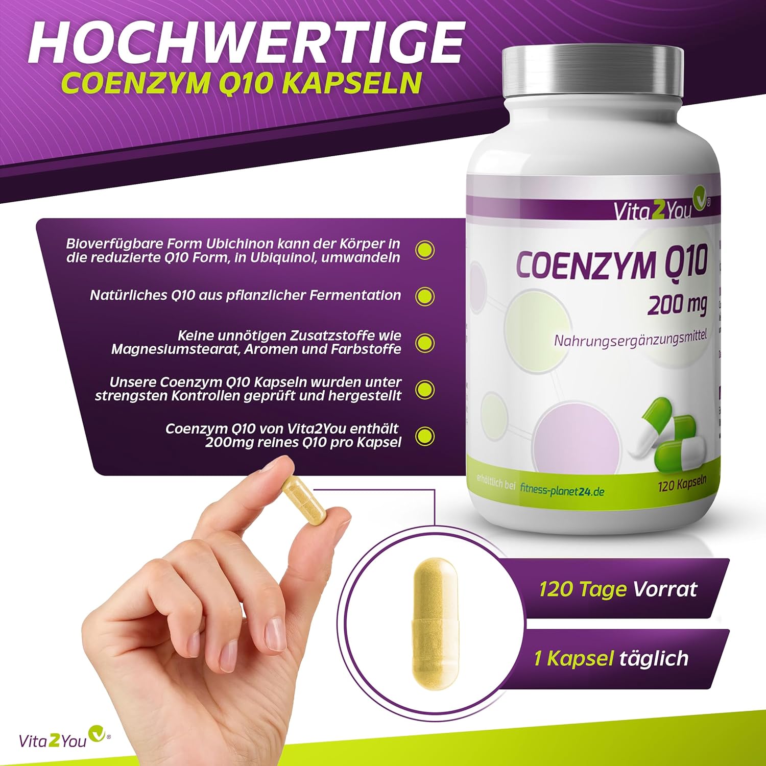 Thumbnail 1 de Vita2You Coenzym Q10 200 mg (Ubichinon) – 120 Kapseln, vegan