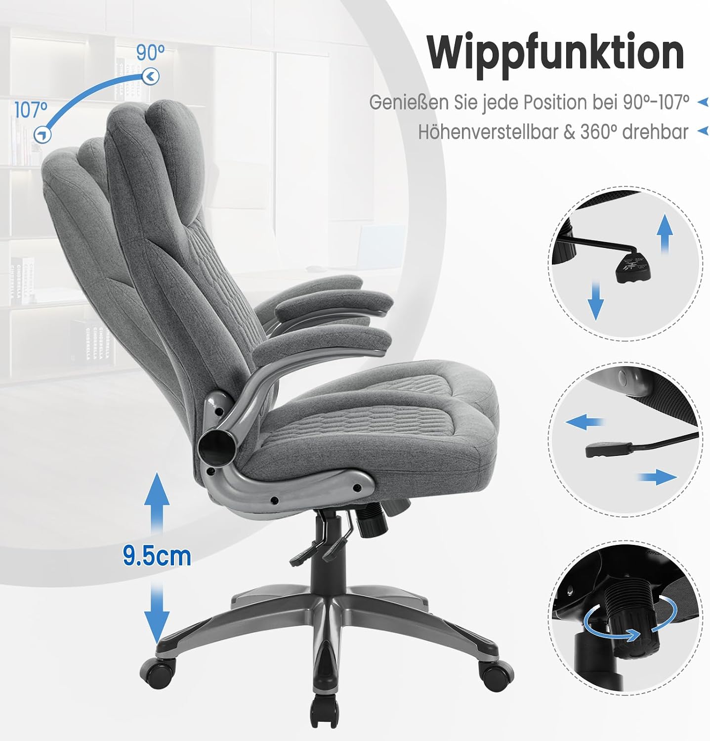 Thumbnail 4 de WOLTU Bürostuhl 200 kg, ergonomischer Chefsessel mit Kopfstütze und Armlehnen – Grau