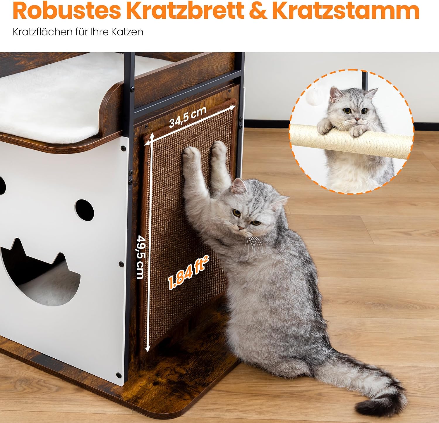 Detalle 2 de Kratzbaum 122 cm hoch aus Holz – Katzenbaum Vintage Braun mit Sisal, Höhle und Plüschkissen