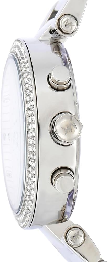 Detalle de Michael Kors Montre Parker pour Femme – Chronographe quartz, lunette strass, bracelet acier ou PVC